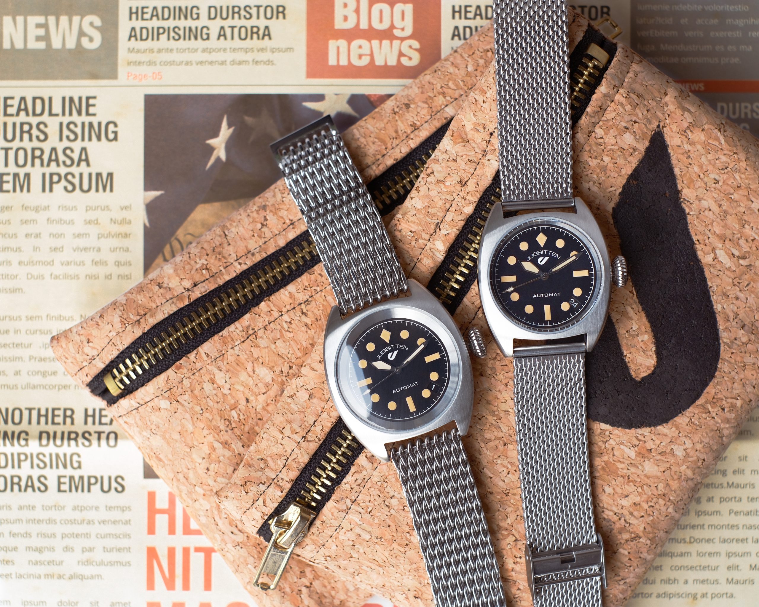 Jugbitten 363 rannekellot vierekkäin käsityönä valmistetun korkkikankaisen kellopussin päällä